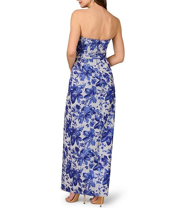 Aidan Mattox Strapless Floral Print Jacquard Side Ruched Column Gown Product Image