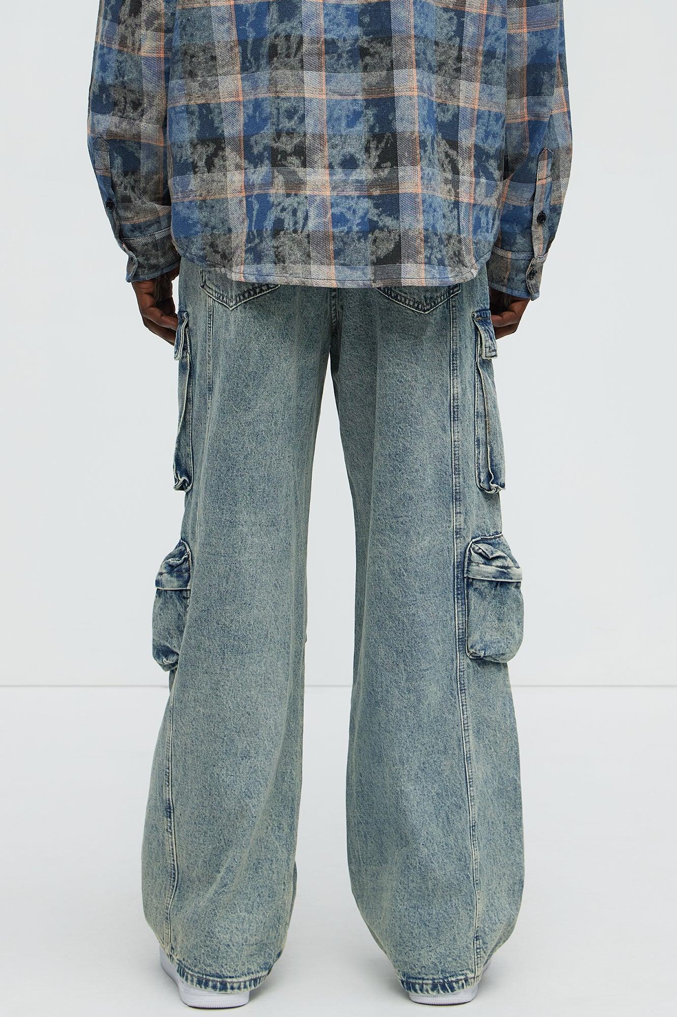 Wish So Many Baggy Cargo Jeans - Medium Blue Wash Product Image