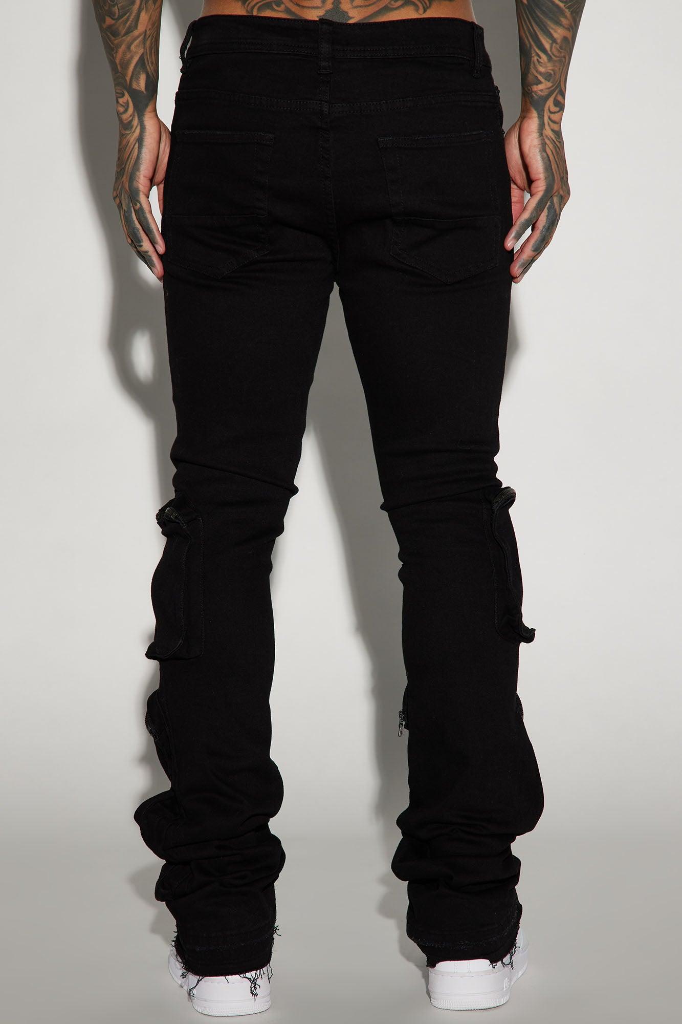 Many Pockets Cargo Stacked Skinny Flare Jeans - Black Product Image