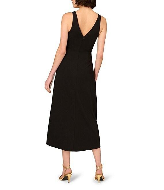 Aidan Mattox Double V-neck 3D Flower Knit Crepe Hi low Faux Wrap Midi Dress Product Image