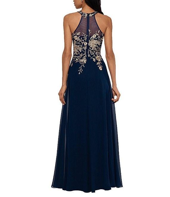 Betsy & Adam Halter Neck Floral Embroidered Sleeveless Chiffon Gown Product Image