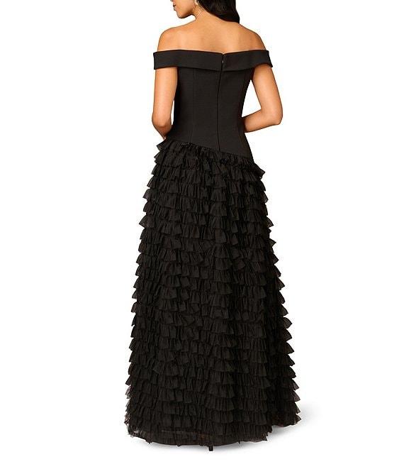 Aidan Mattox Crepe Off-The-Shoulder Neck Short Sleeve Front Slit Mesh Tiered Hem Ball Gown Product Image