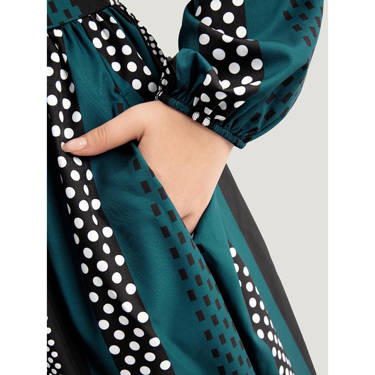 Plus Size Polka Dot Patchwork Striped Pleated Lantern Sleeve Dress Aegean Women At the Office Elastic cuffs Round Neck Long Sleeve Curvy Midi Dress BloomChic 26/4X Product Image