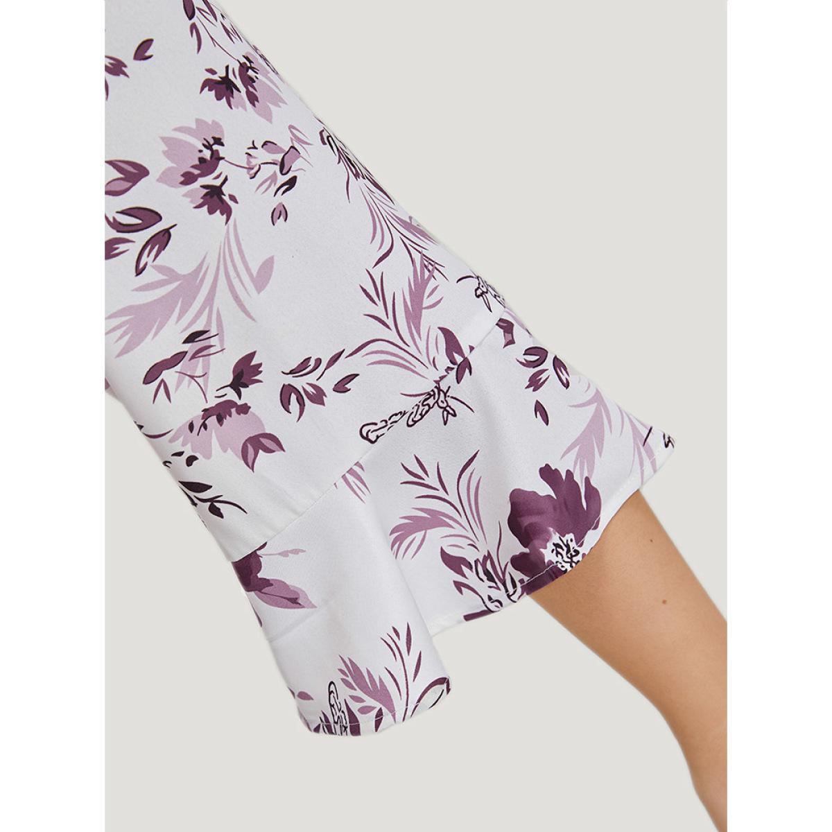 Plus Size Multicolor Floral Print Bell Sleeve Crew Neck Blouse Women Elegant Elbow-length sleeve Round Neck Dailywear Blouses BloomChic 10/M Product Image