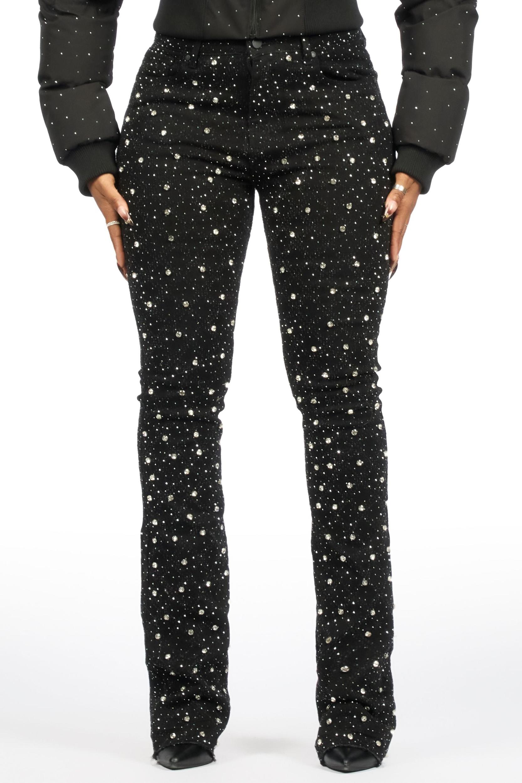 Sareka Black/Silver Rhinestone Stacked Flare Jean Female Product Image