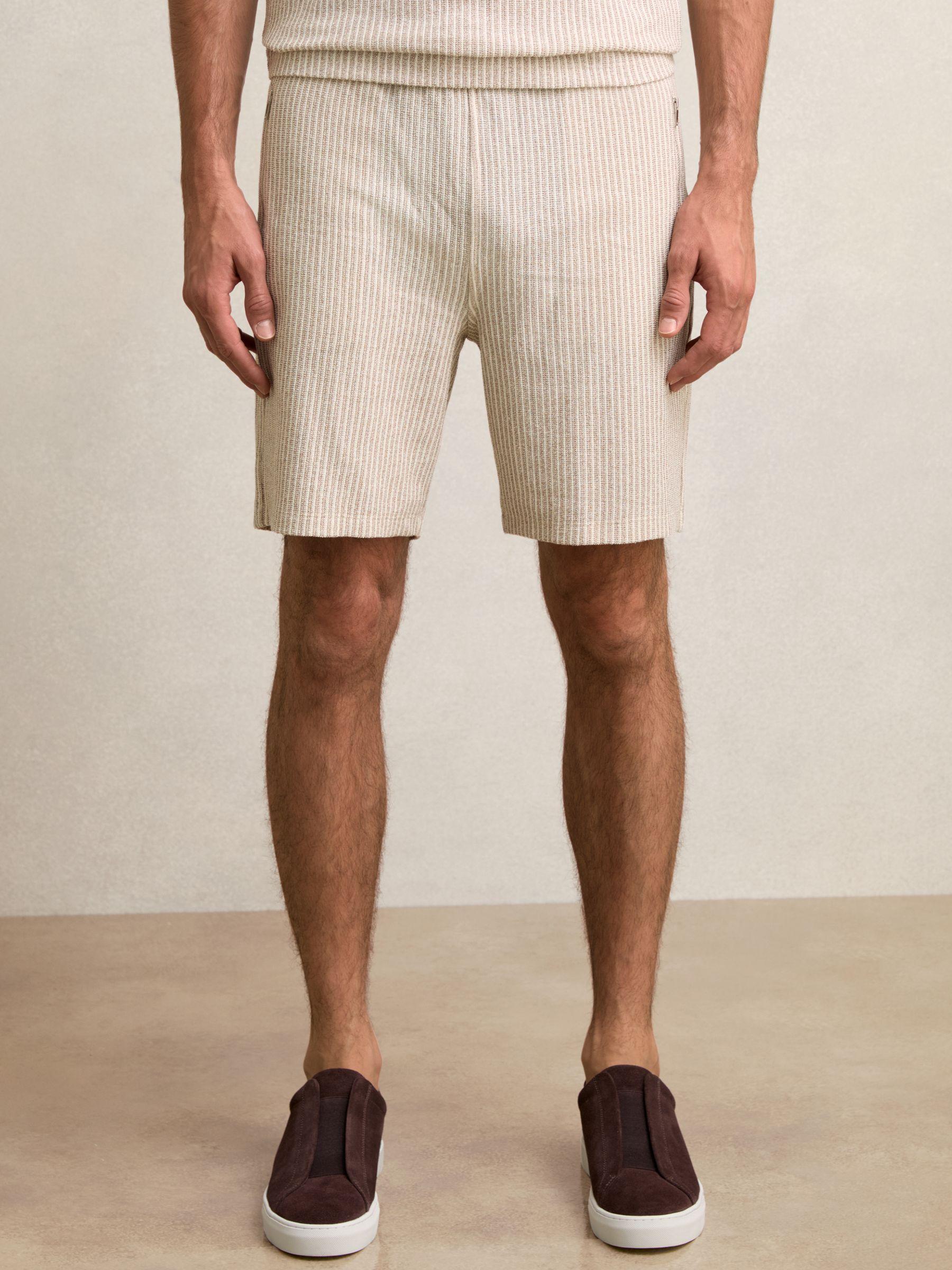 Cotton-Blend Stripe Drawstring Shorts in Ecru/Taupe Brown Product Image