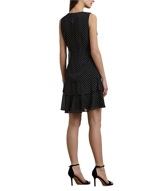 Lauren Ralph Lauren Crinkle Georgette Polka Dot Print Crew Neck Sleeveless Shift Mini Dress Product Image