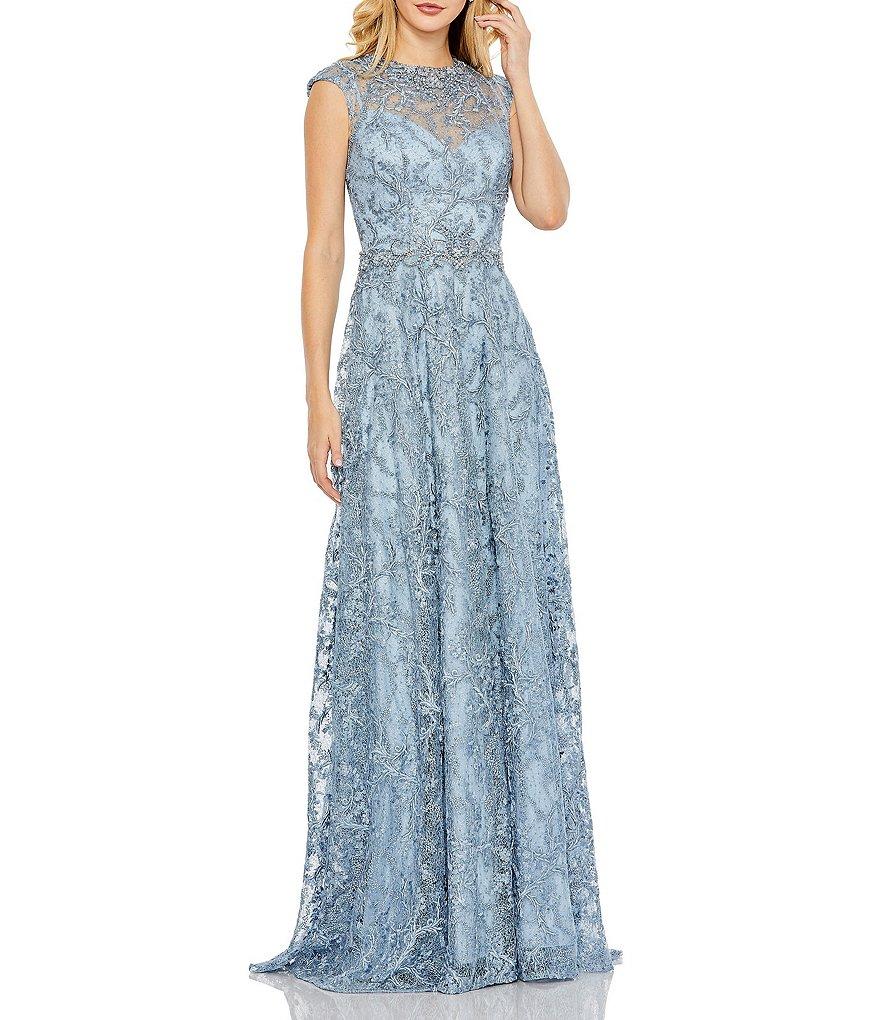 Mac Duggal Illusion Round Neck Cap Sleeve Embroidered Mesh Aline Gown Product Image