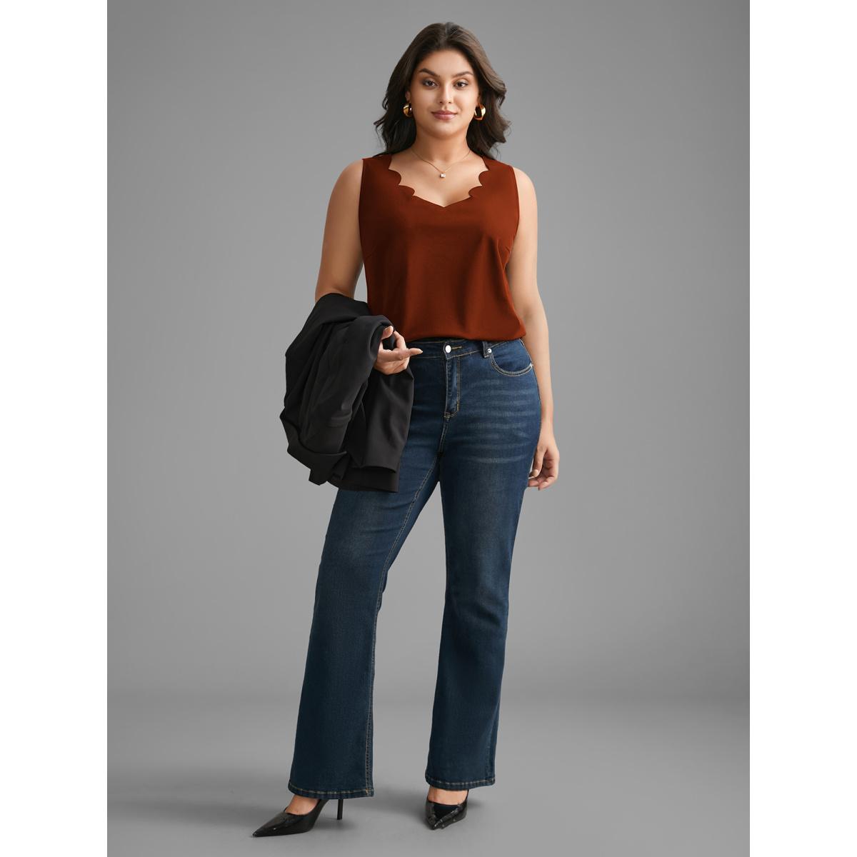 Plus Size Solid V Neck Laser Cut Tank Top Women Browncoffeecolor Elegant Non V-neck Everyday Tank Tops Camis BloomChic 22-24/3X Product Image