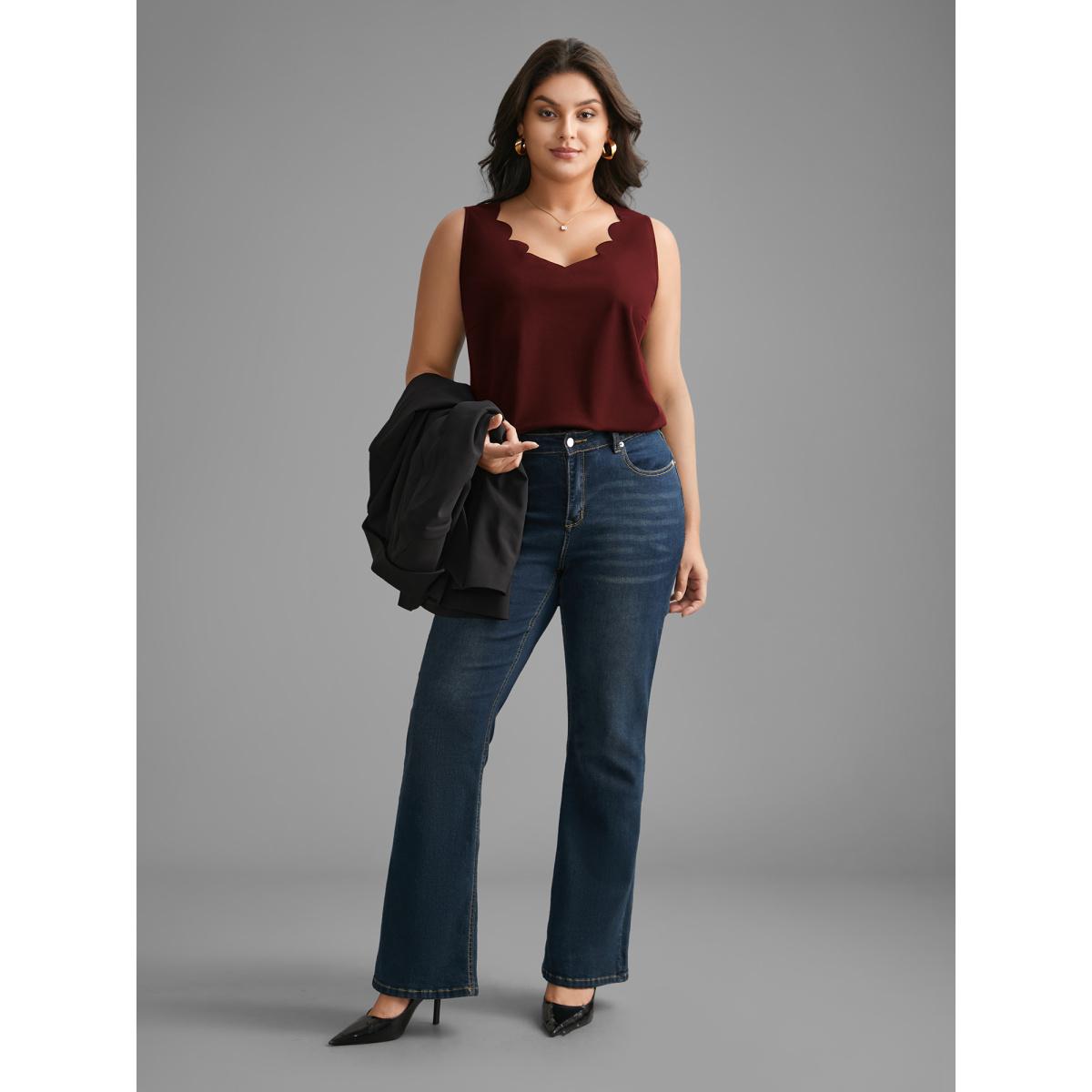 Plus Size Solid V Neck Laser Cut Tank Top Women Burgundy Timeless Non V-neck Elegant Tank Tops Camis BloomChic 12/L Product Image