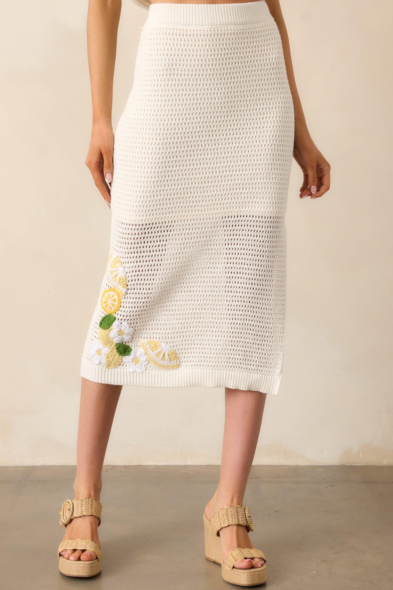 In My Own World Ivory Cotton Lemon Crochet Knit Midi Skirt Product Image