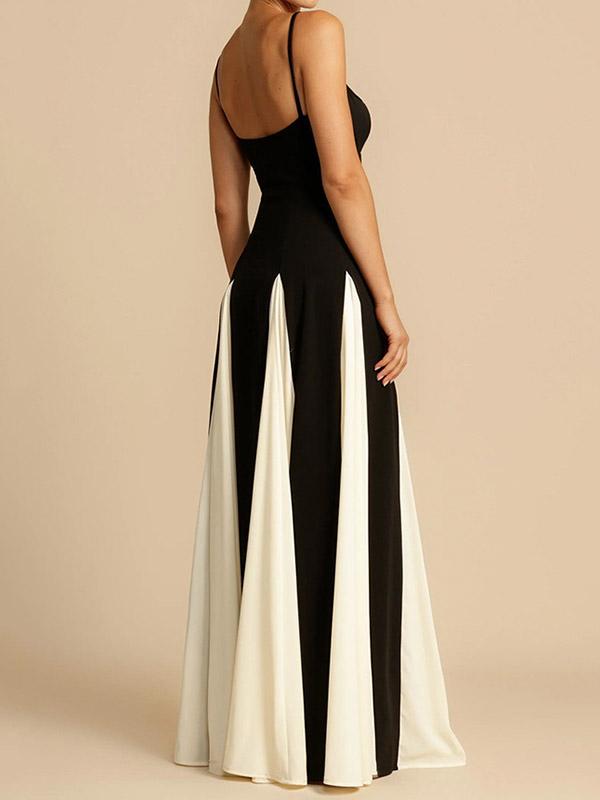 A-Line Sleeveless Contrast Color Pleated Split-Joint Spaghetti-Neck Evening Dresses Maxi Dresses Product Image