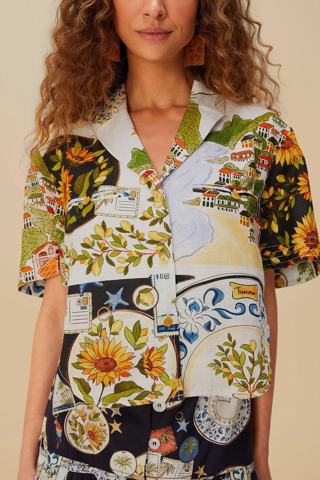 Multicolor Latin Trip Scarves Euroflax™ Premium Linen Crop Shirt Product Image