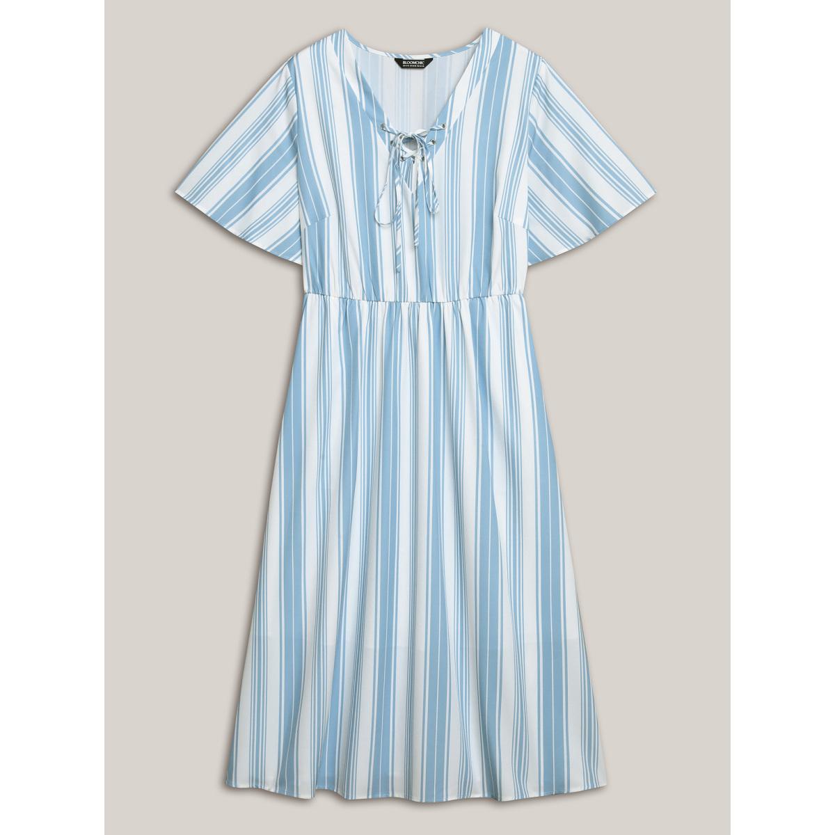 Plus Size Nautical Stripes Neck Tie Midi Dress Cerulean Women Casual Wraparound straps V-neck Half Sleeve Curvy BloomChic 14-16/1X Product Image