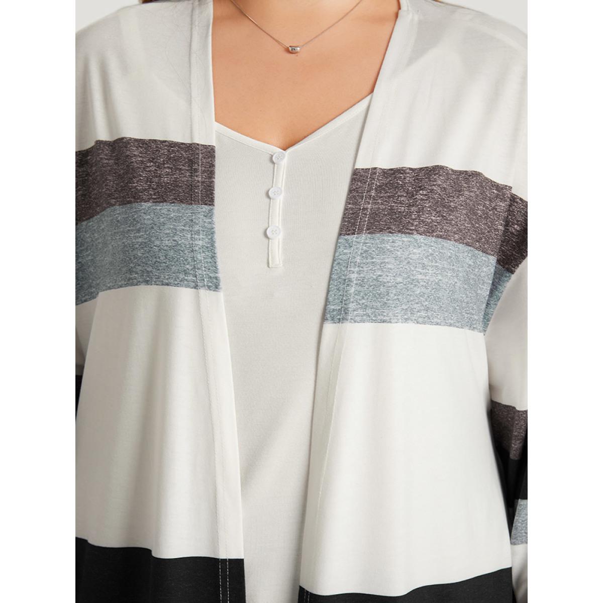 Plus Size Striped Contrast Pocket Open Front Kimono Women Multicolor Casual Contrast Loose Pocket Everyday Kimonos BloomChic 18-20/2X Product Image