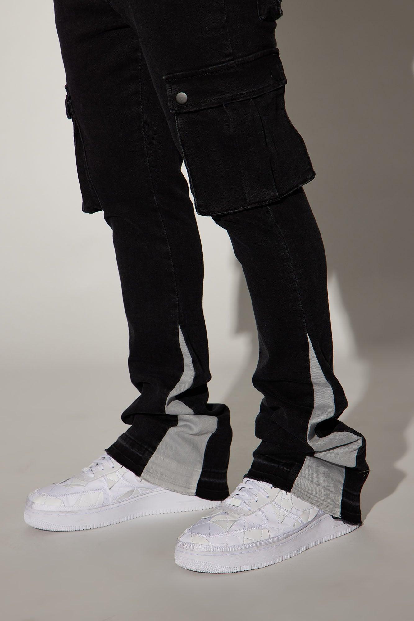 Carried Cargo Stacked Skinny Flared Jeans - Black Product Image