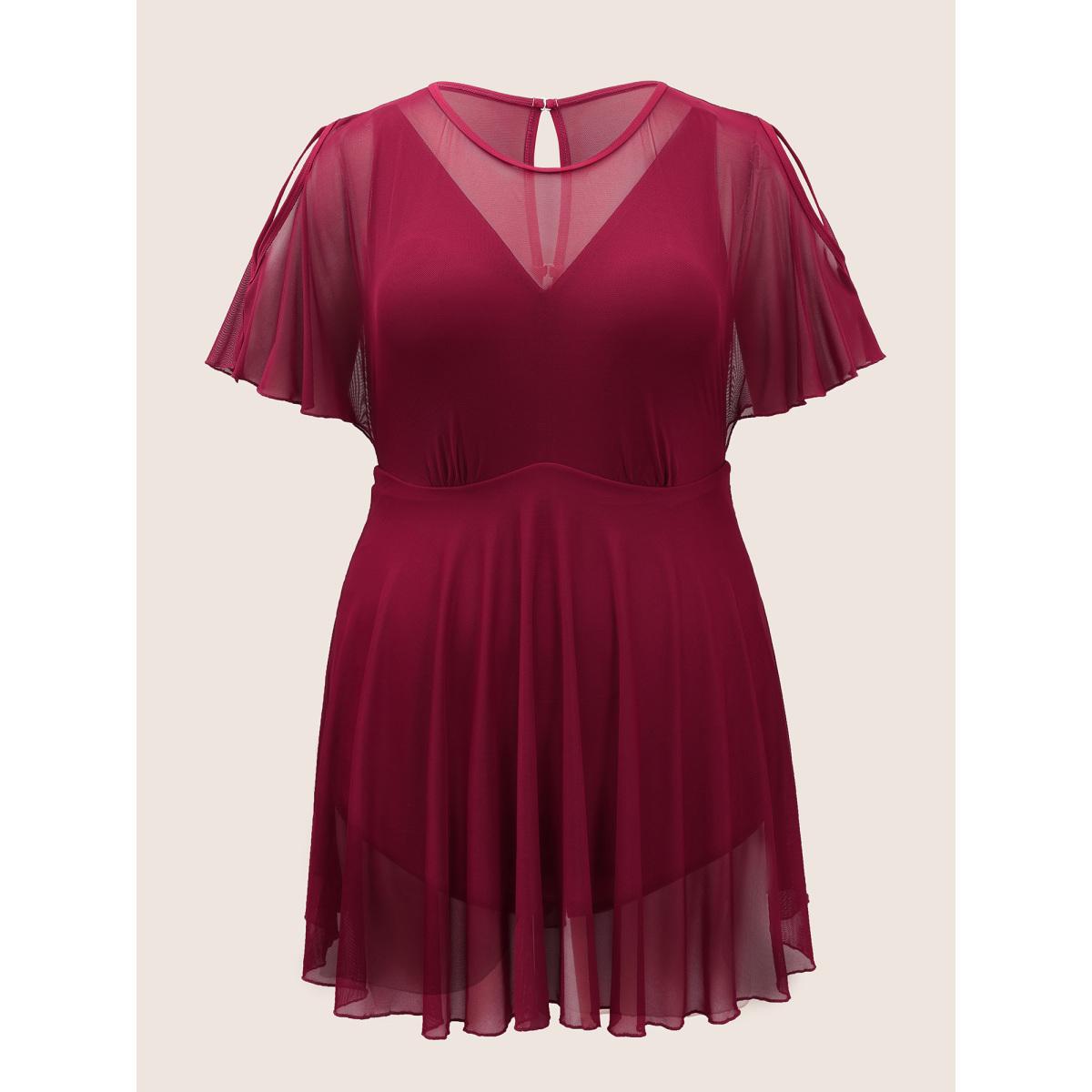 Plus Size Plain Flutter Sleeve Tiered Mesh Swim Dress Women's Swimwear Scarlet Beach Bodycon Round Neck High stretch Curve Swim Dresses BloomChic 12/L Product Image