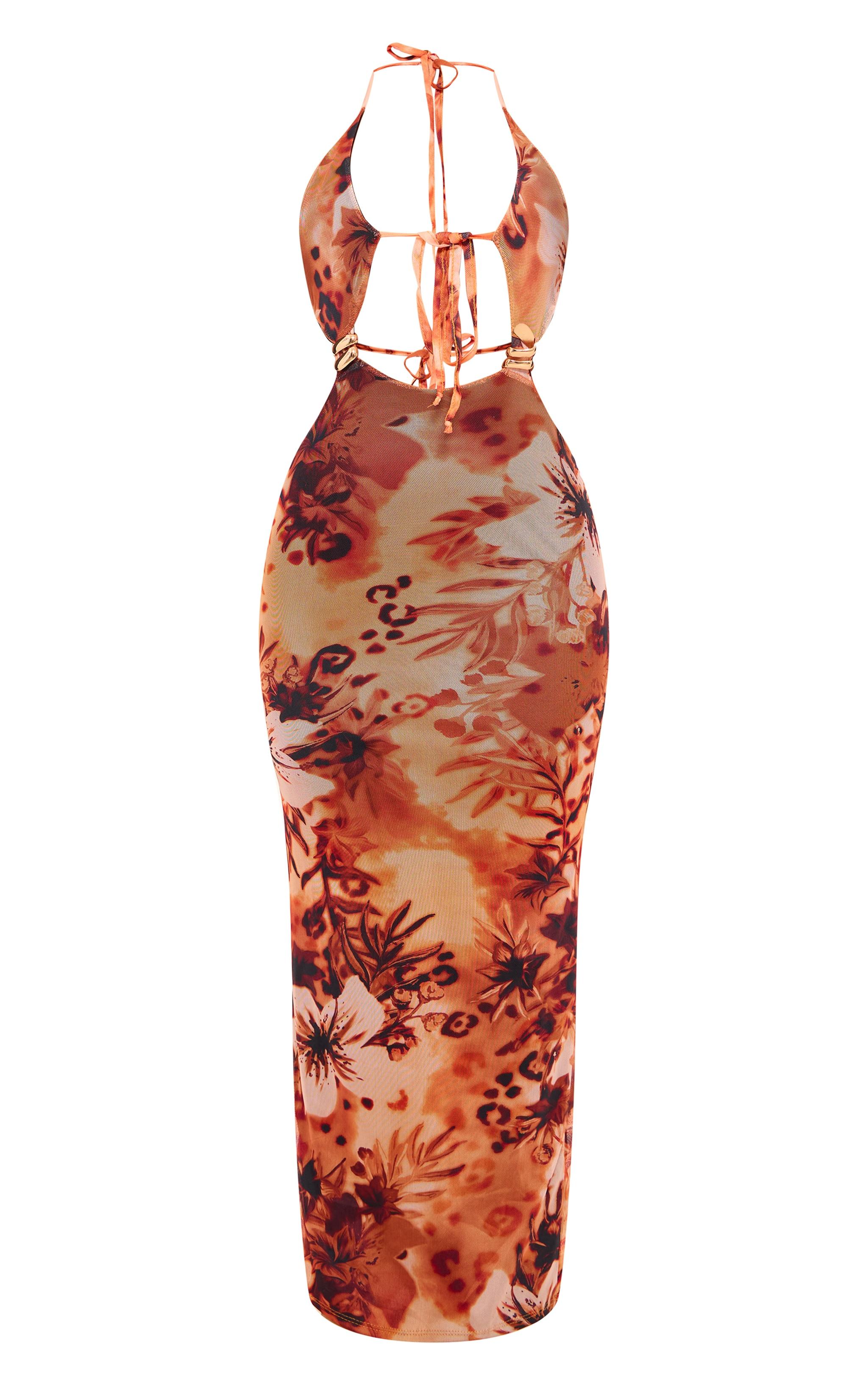 Orange Animal Print Mesh Trim Detail Cut Out Maxi Dress Product Image