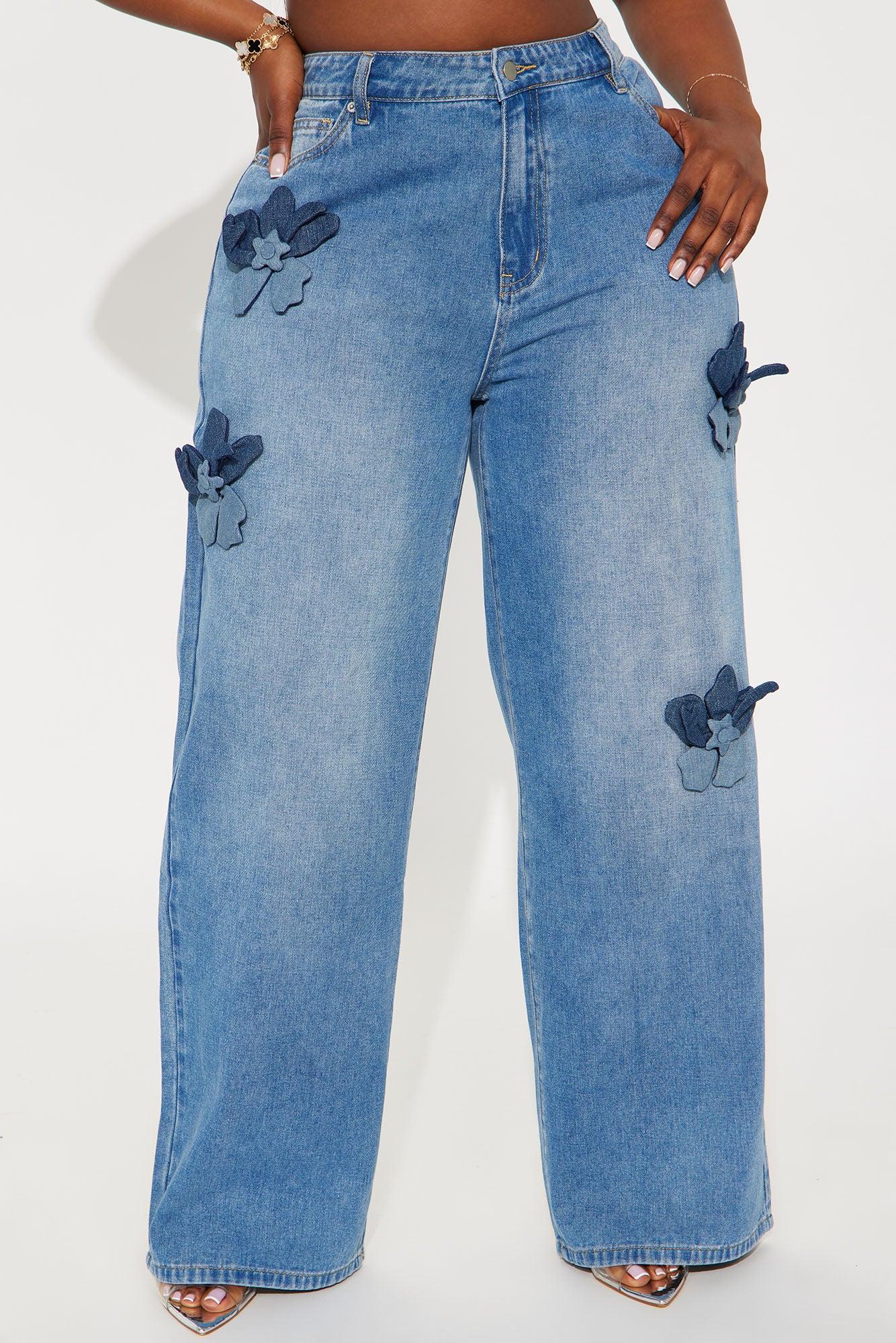 Floria Baggy Flower Applique Jeans - Medium Wash Product Image