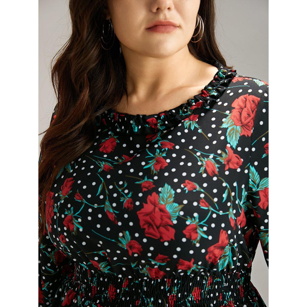 Plus Size BlackFlower Rose Print Shirred Frill Trim Lantern Sleeve Blouse Women Elegant Long Sleeve Round Neck Dailywear Blouses BloomChic 10/M Product Image