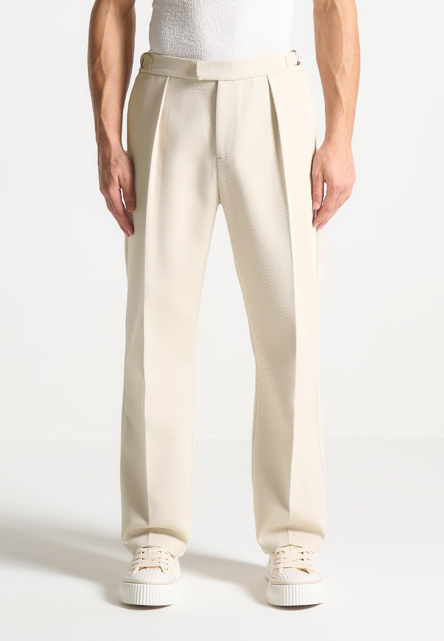 Dorian - Relaxed Fit Twill Pleated Tailored Trousers - Cream Male Product Image