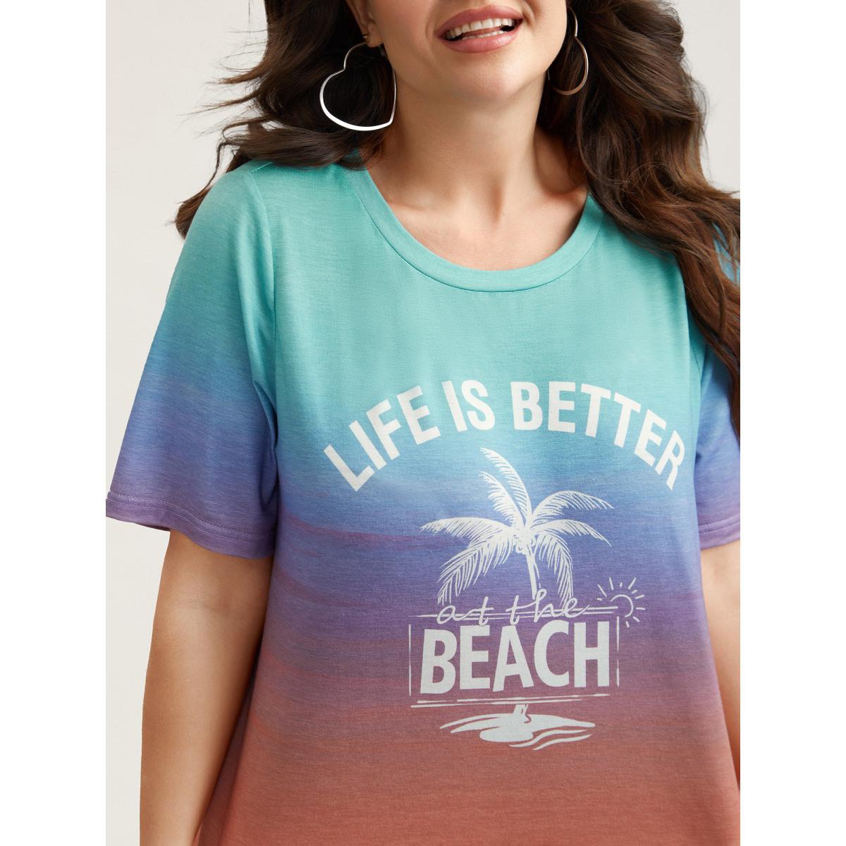 Plus Size Gradient Beach Print Fitted T-Shirt Multicolor Women Playful Contrast Tropical Round Neck Casual T-shirts BloomChic 22-24/3X Product Image