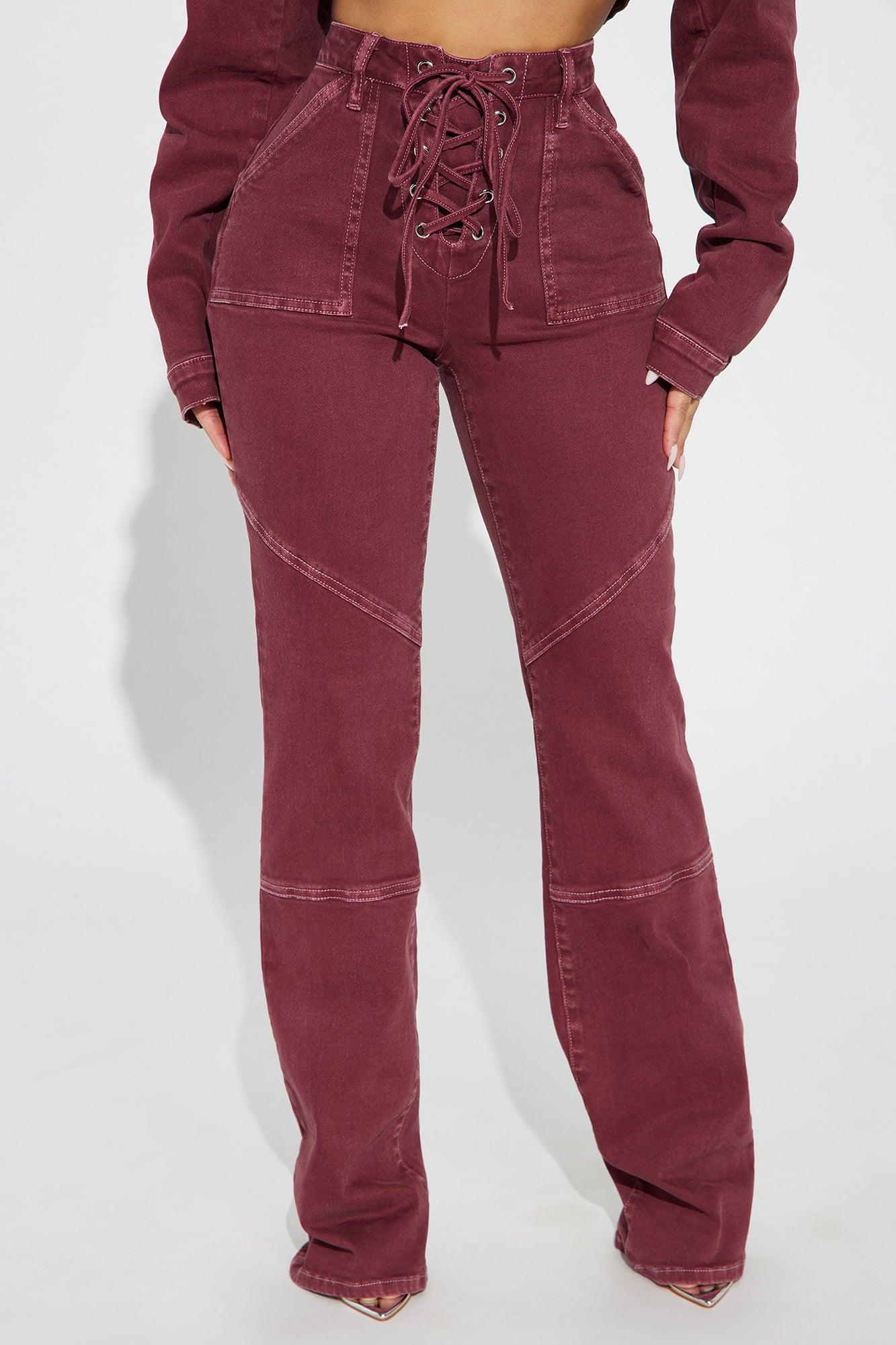 Bordeaux Lace Up Bootcut Jeans - Wine Product Image