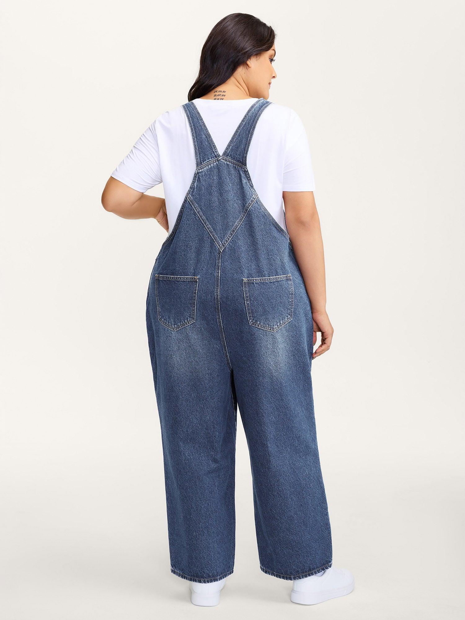 Cotton Relaxed-Fit Side Button Overall Denim Jumpsuit Female Product Image
