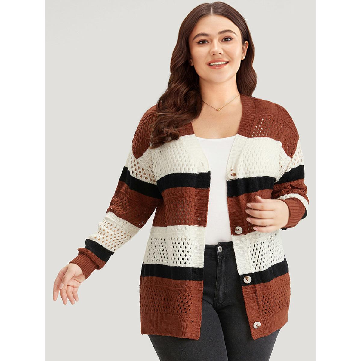 Plus Size Colorblock Contrast Geo Eyelet Button Through Cardigan Rust Women Casual Loose Long Sleeve Dailywear Cardigans BloomChic 14-16/1X Product Image