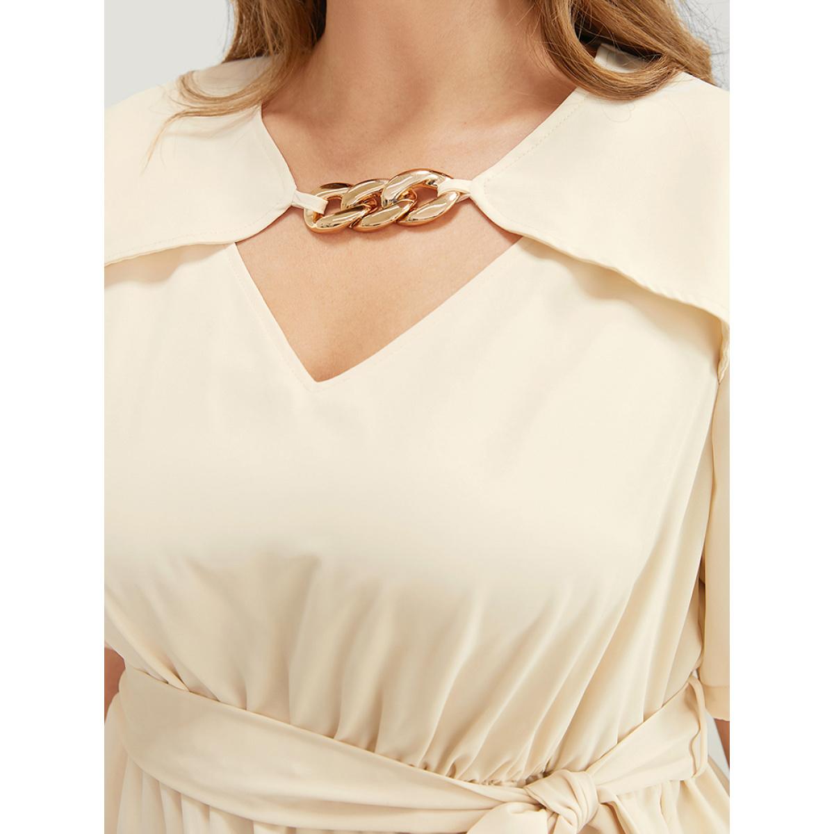 Plus Size Solid Chain Detail Cut Out Pocket Belted Flutter Dress Beige Women Office Cross straps V-neck Short sleeve Curvy Midi Dress BloomChic 30/6X Product Image