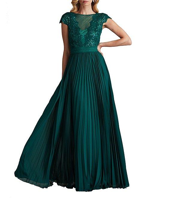 Tadashi Shoji Cap Sleeve Sequin Embroidered Lace Chiffon Pleated Gown Product Image