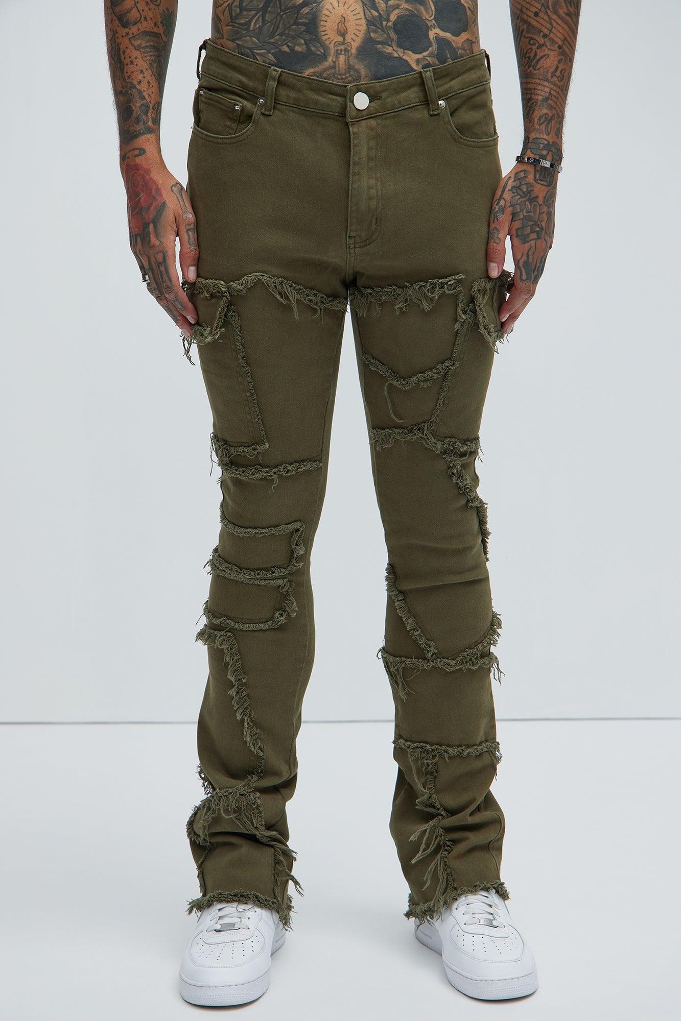 Trapping Frayed Stacked Skinny Flare Pants - Olive Product Image