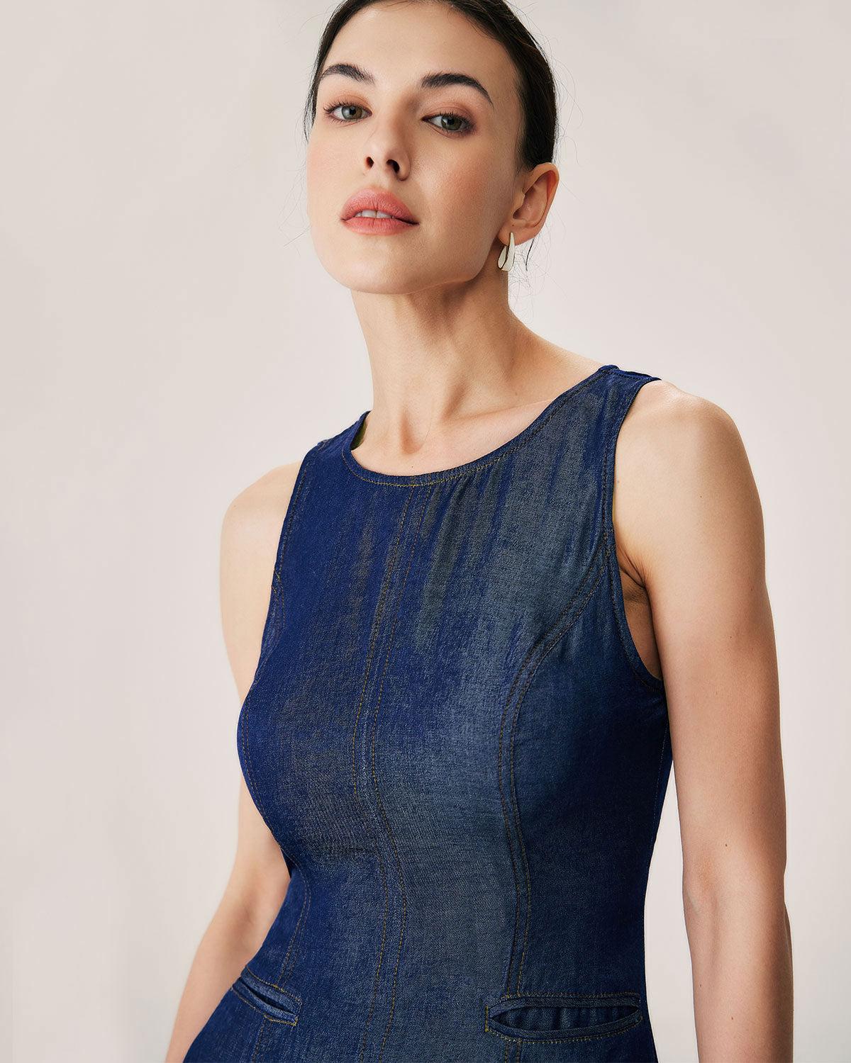 Blue Sleeveless Pocket Mini Dress Product Image