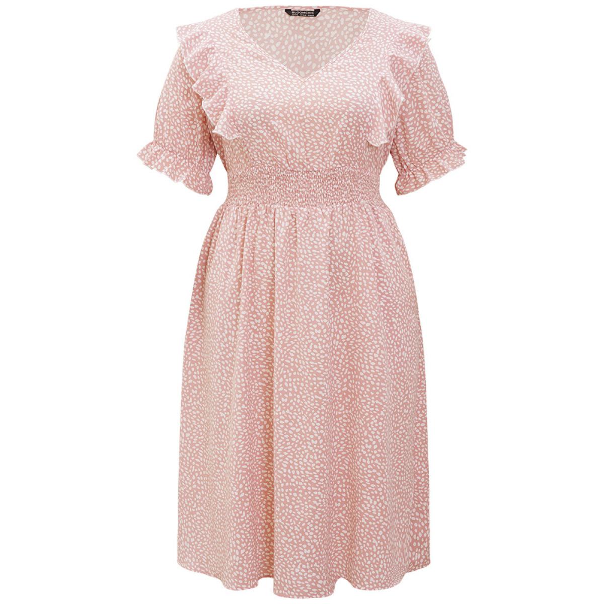 Plus Size Leopard Ruffle Trim Pocket Shirred Puff Sleeve Dress DustyPink Women Elegant Lined V-neck Short sleeve Curvy Midi Dress BloomChic 26/4X Product Image