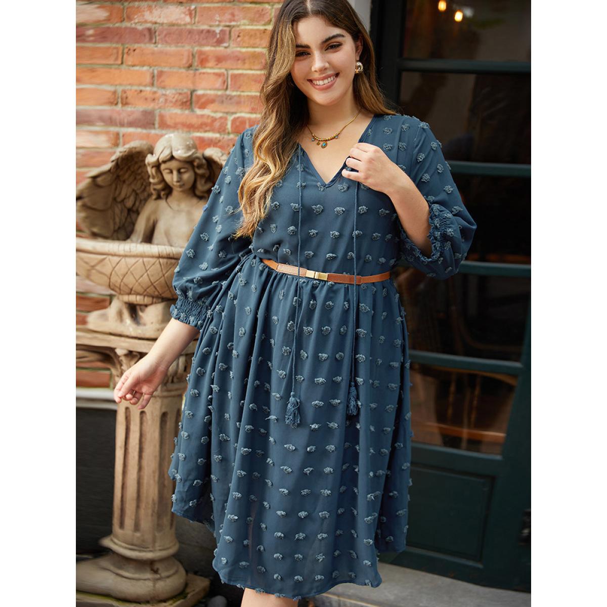 Plus Size Polka Dot Tassels Ties Shirred Cuffs Pocket Dress DarkBlue Women Office Elastic cuffs V-neck Elbow-length sleeve Curvy Midi Dress BloomChic 22-24/3X Product Image