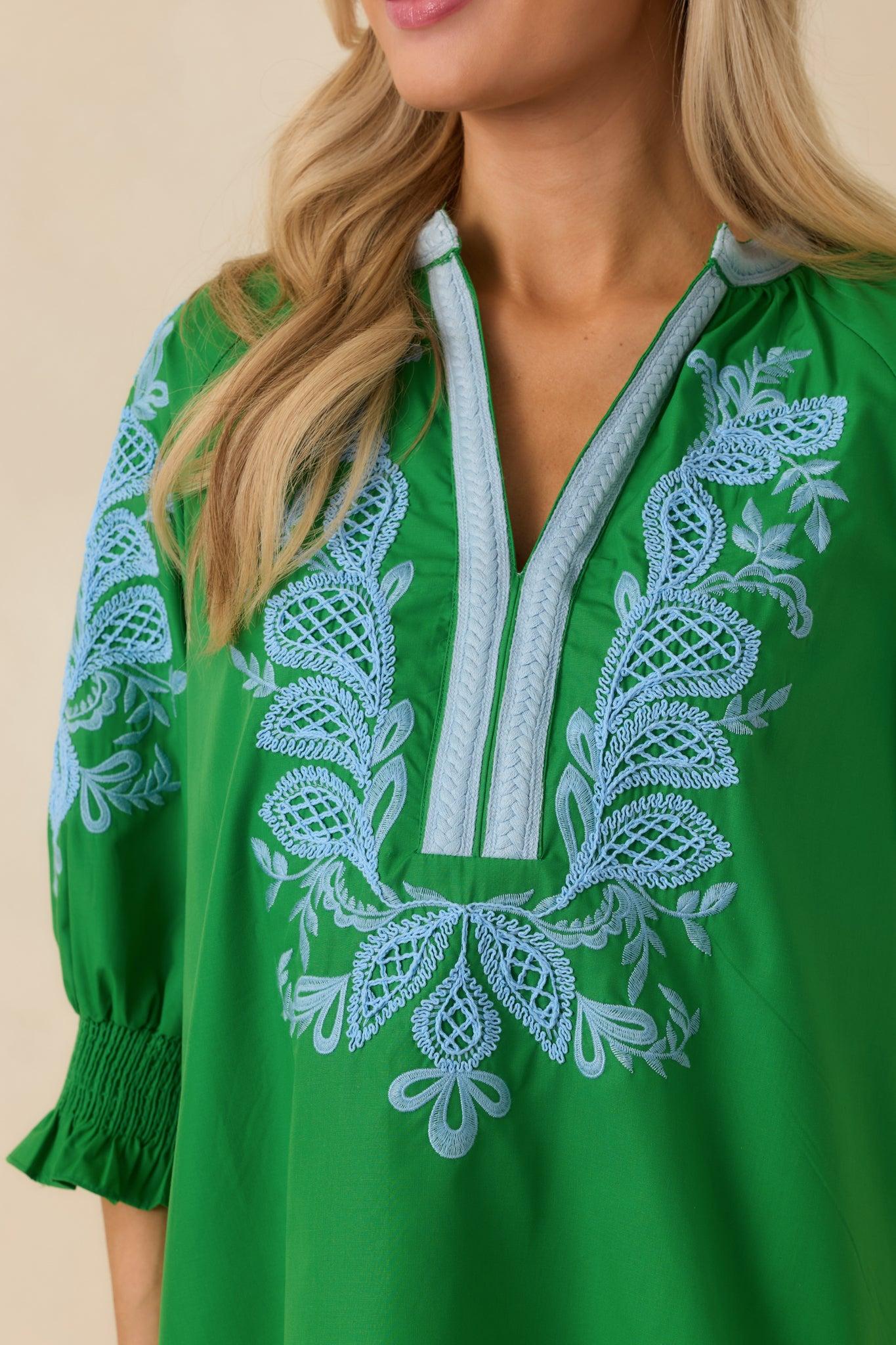 Simple Joys Green Embroidered V-Neck Puff Sleeve Top Product Image