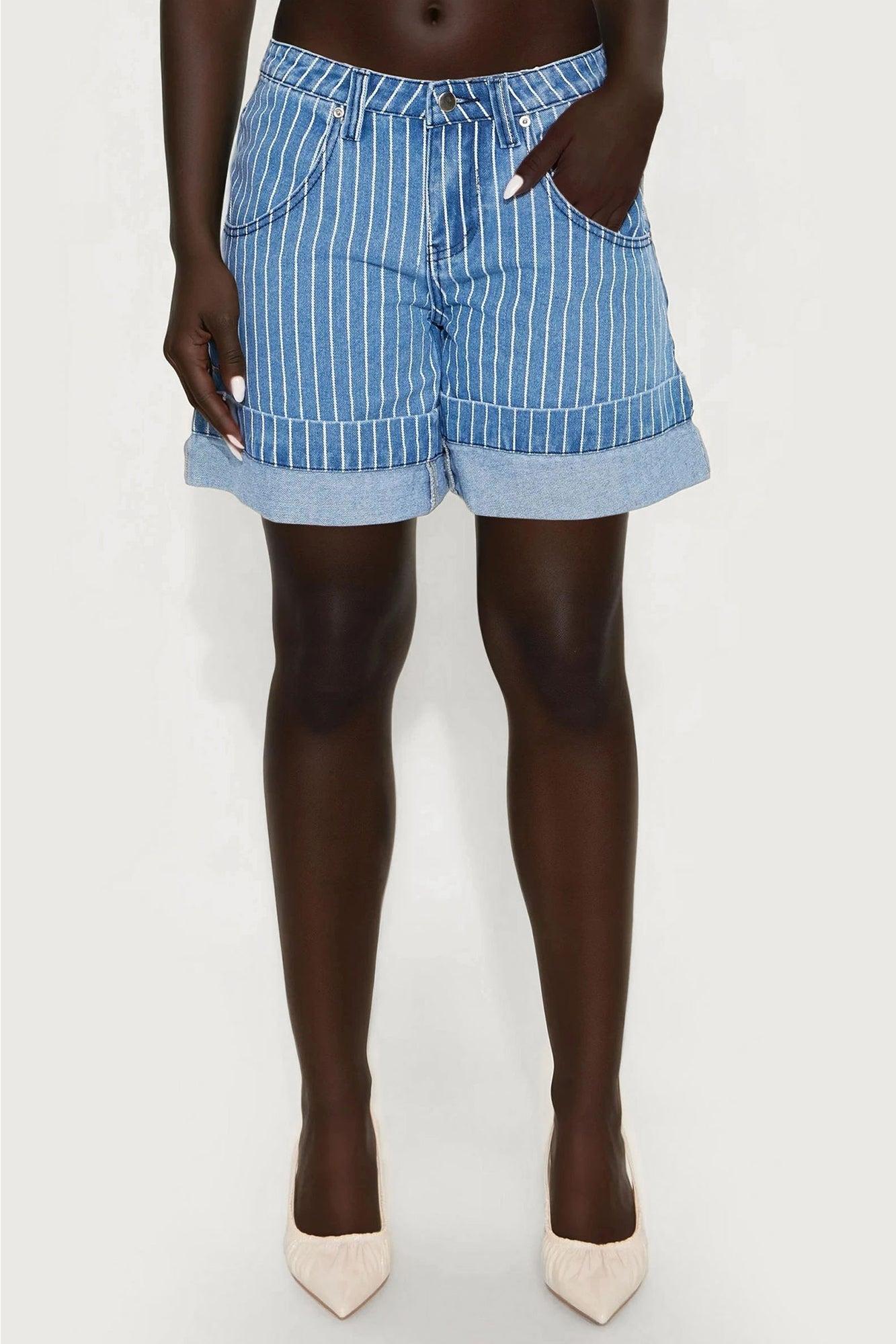 Seville Striped Cuffed Denim Shorts - Medium Blue Wash Female Product Image