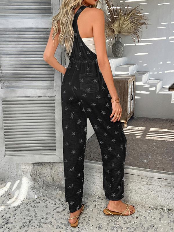 Sleeveless Buttoned Drawstring Pockets Printed Spaghetti-Neck Jumpsuits Product Image