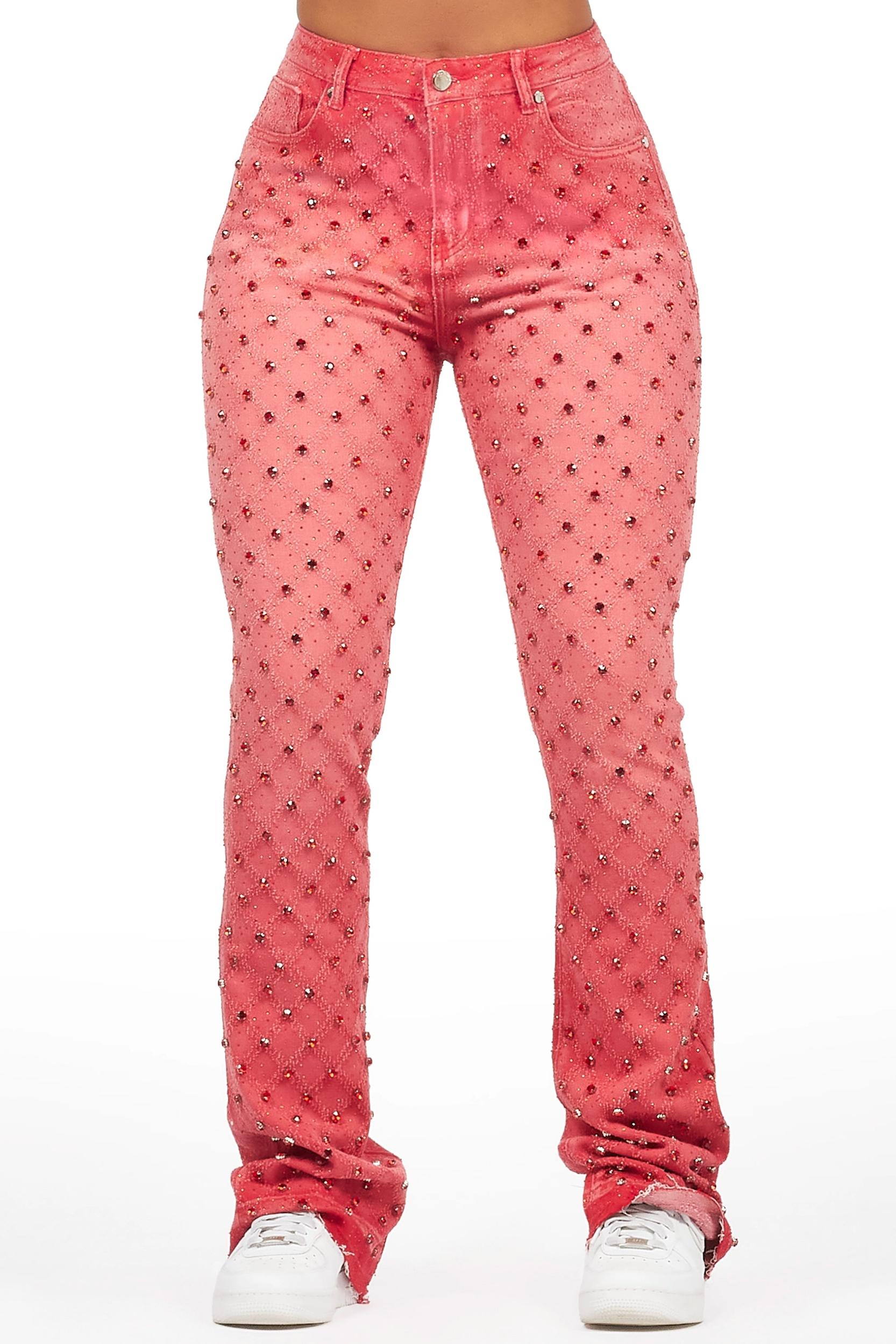 Sareka Red Rhinestone Stacked Flare Jean Female Product Image