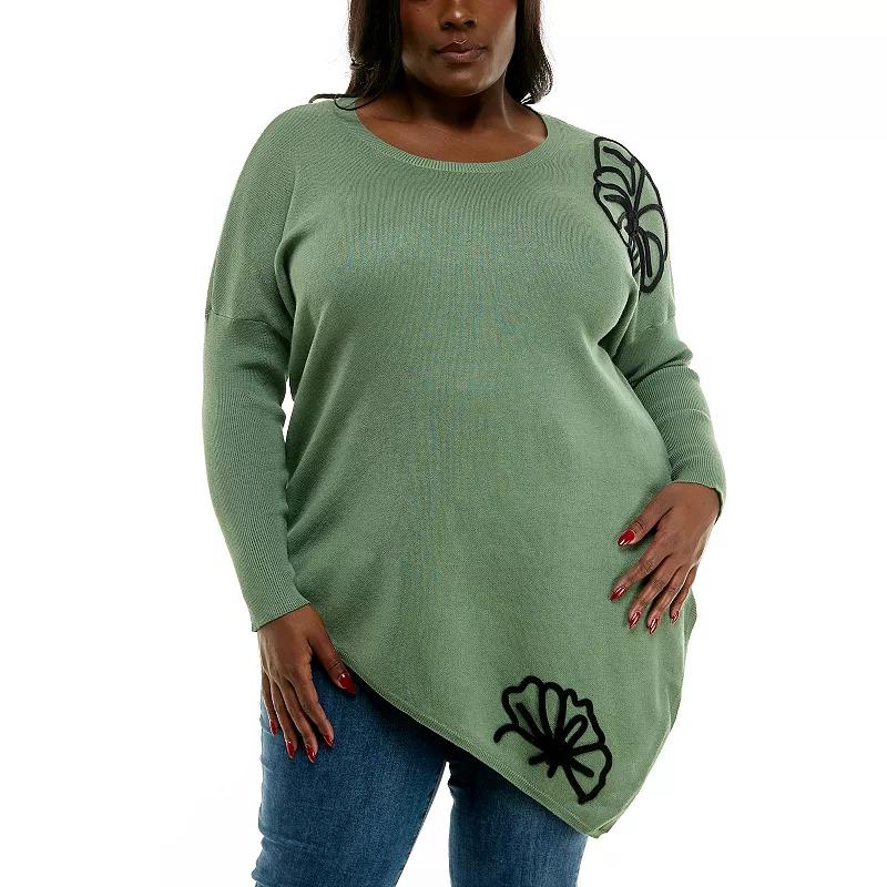 Plus Size Nina Leonard Oversized Floral Pattern Sweater, Women's, Size: 2XL, Black Ivory Product Image