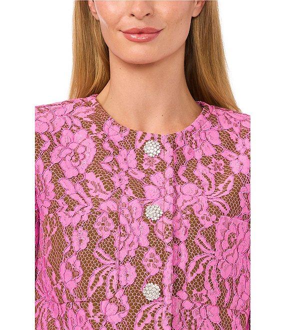 CeCe Lace Overlay Round Neck 3/4 Sleeve Cropped Button-Front Jacket Product Image