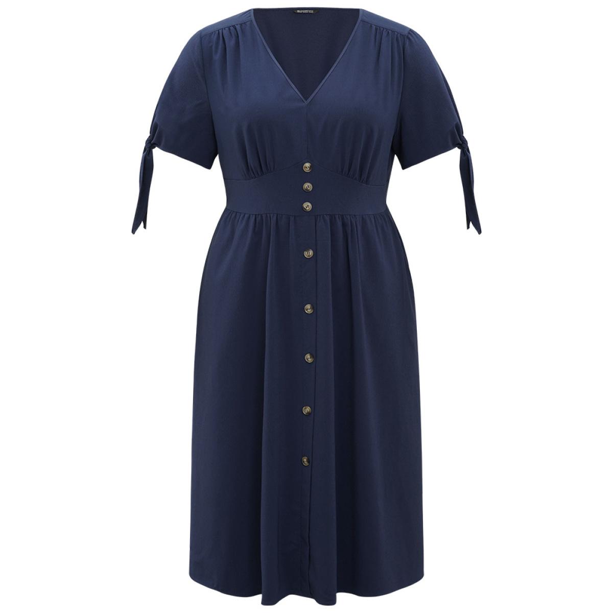 Plus Size Plain Pocket Button Detail V Neck Plicated Knot Dress Indigo Women Elegant Plain V-neck Short sleeve Curvy Midi Dress BloomChic 30/6X Product Image