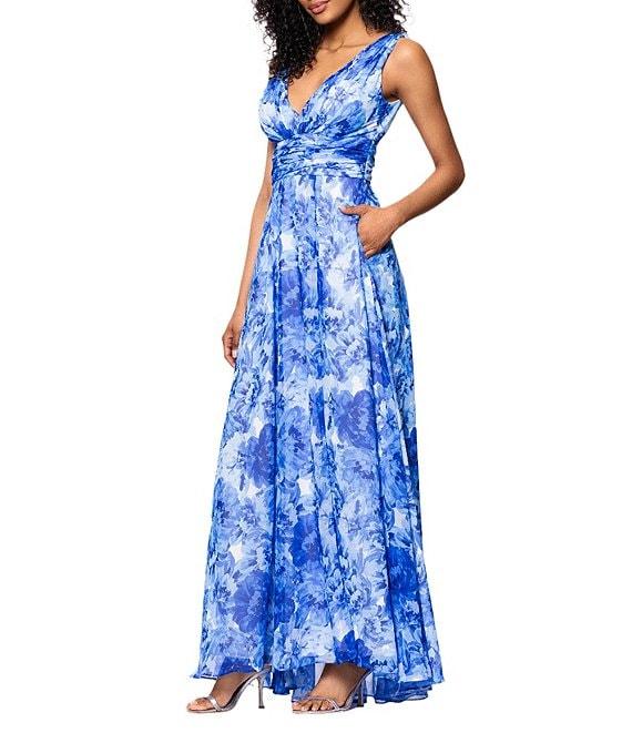 Betsy & Adam Chiffon Floral Print V-Neck Sleeveless A-Line Gown Product Image