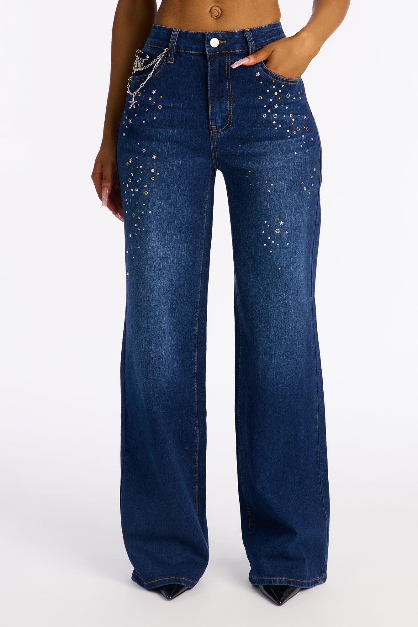 Drama Queen Embellished Straight Leg Jeans - Dark Wash Female Product Image