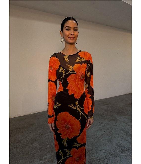 Never Fully Dressed Aria Poppy Floral Print Mesh Crew Neck Long Sleeve Maxi Dress Product Image