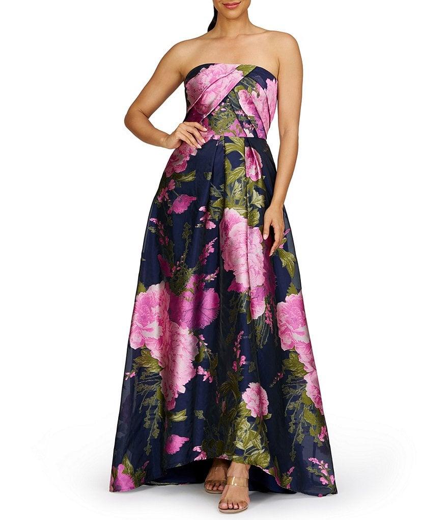 Kay Unger Strapless Pleated Bodice Printed Organza Jacquard Gown Product Image