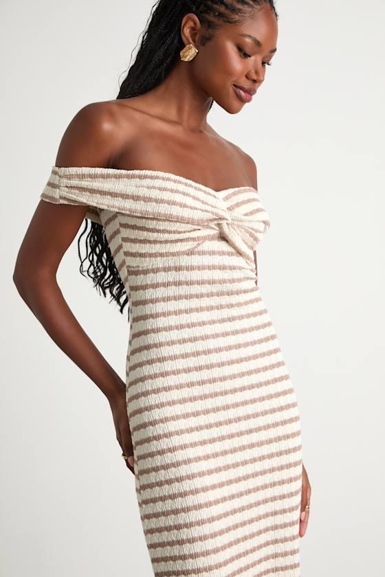 Baia Ivory and Taupe Striped Off-the-Shoulder Midi Dress Product Image