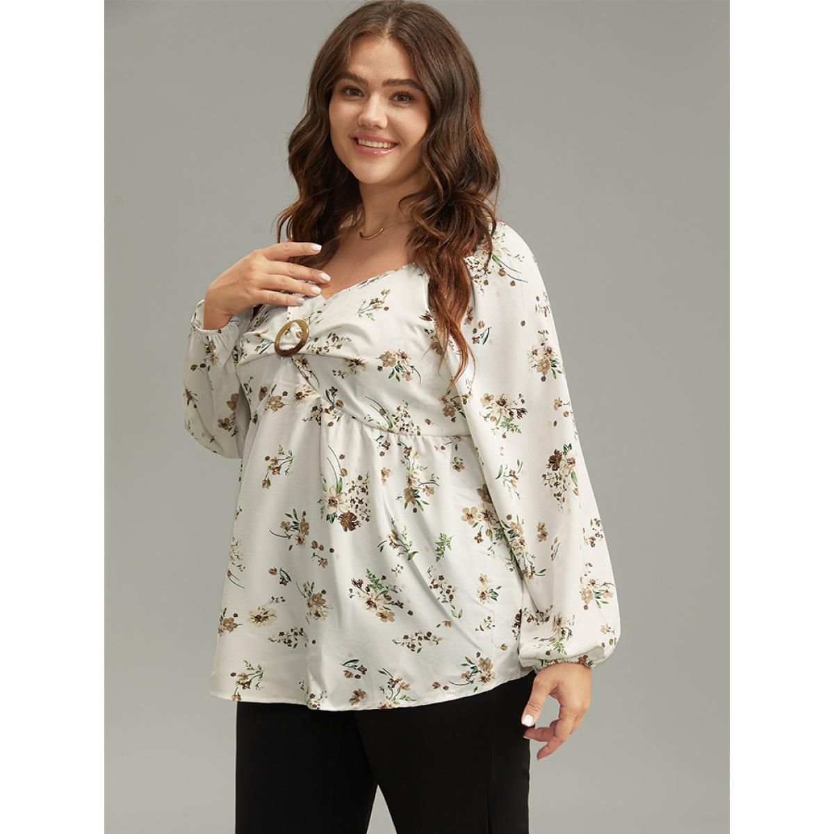 Plus Size Ivory Floral Print Buckle Detail Gathered Bell Sleeve Blouse Women Elegant Long Sleeve V-neck Dailywear Blouses BloomChic 14-16/1X Product Image