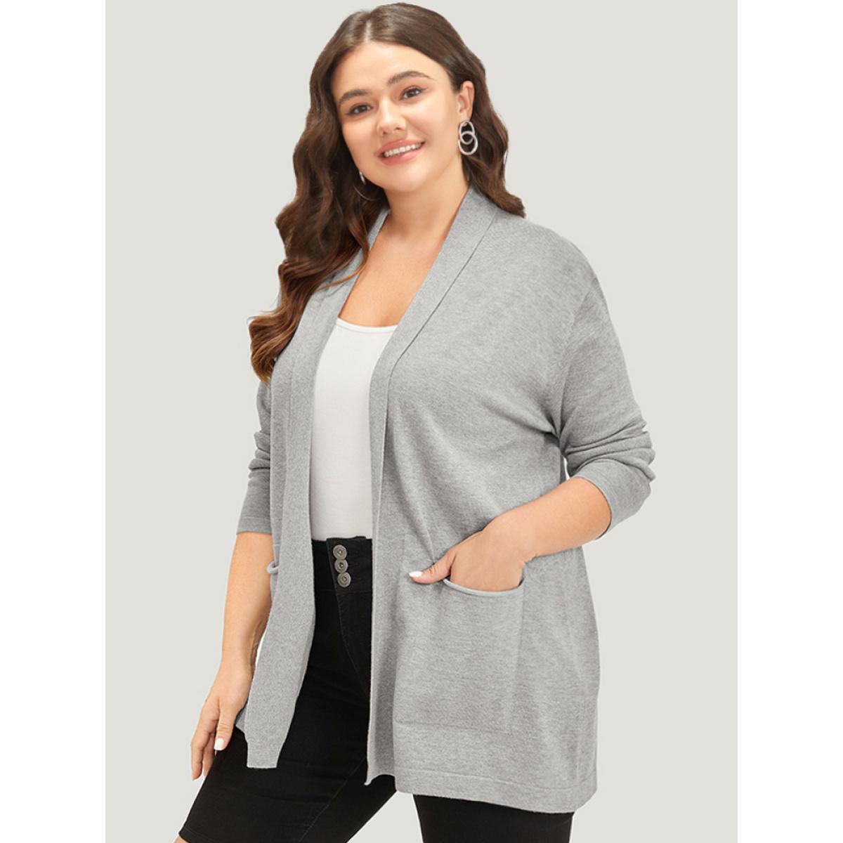 Plus Size Supersoft Essentials Plain Lapel Collar Patched Pocket Cardigan DarkGray Women Basics Loose Long Sleeve Everyday Cardigans BloomChic 28/5X Product Image