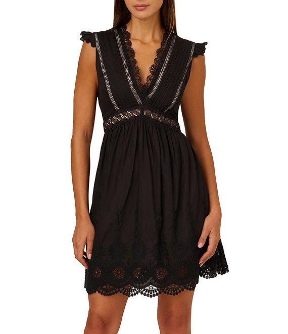 Adrianna by Adrianna Papell Eyelet Plunge V-Neck Cap Cotton Trim Fit & Flare Dress Product Image